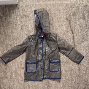 Hunter Kids Gray Hooded Raincoat with Blue Trim sz 5t